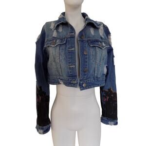 American Bazi denim jacket cropped distressed hand painted Hollywood size Small